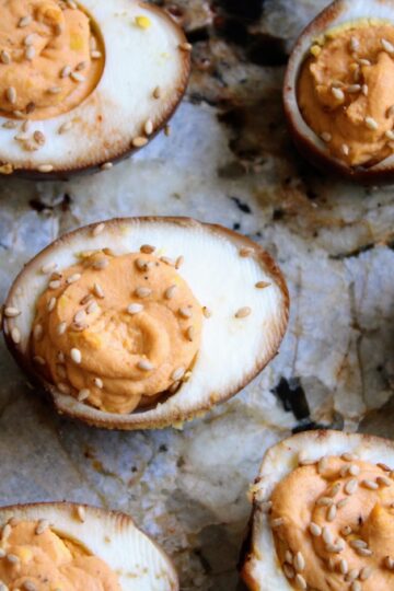 7 Deviled eggs sit on a cheeseboard